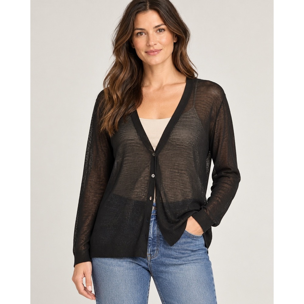 Eileen Fisher L Black Organic Linen Sheer Button Front Cardigan Sweater